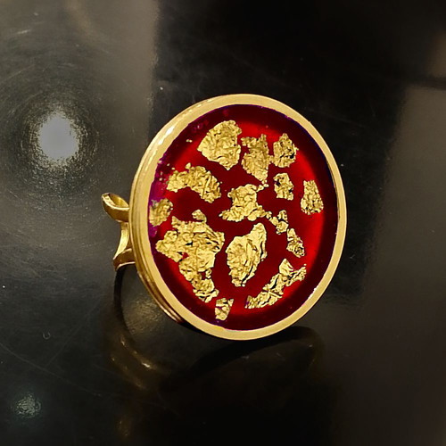 Imperial Red ring with gold flakes, adjustable, new