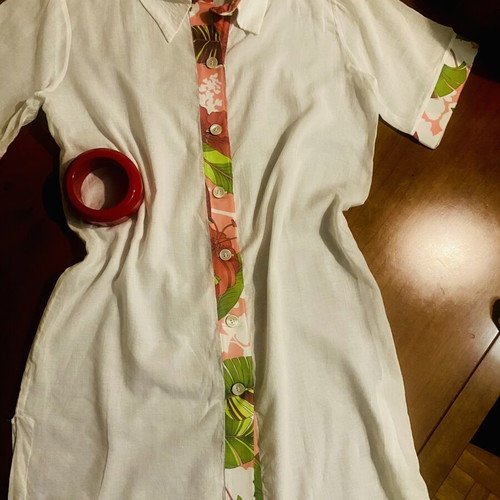 White semi-sheer shirt with floral trim, beachwear