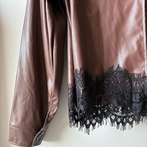 Belle leatherette jacket new, brown with black lace trim
