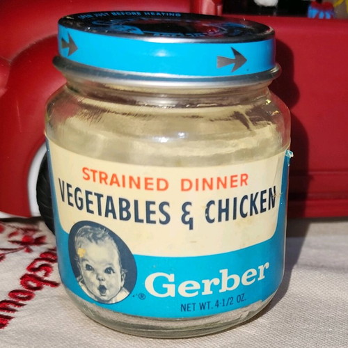 Gerber baby food jar used, vegetables and chicken from 1960s