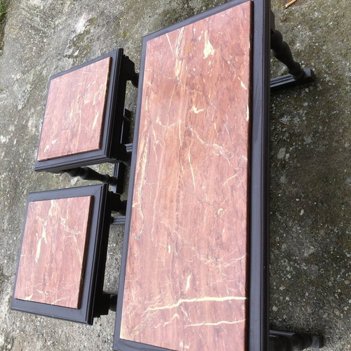 Coffee table set used, 3 pieces, walnut wood and Ritsonas marble