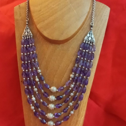 925 Silver Necklace with Amethyst, Ethnic Style