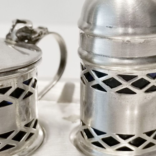 English vintage three-piece salt and pepper set used, silver-plated