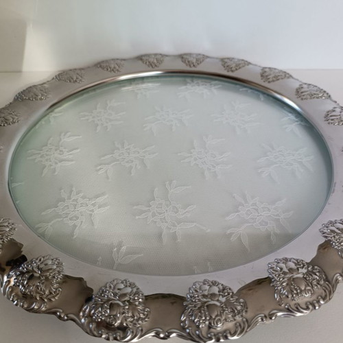 Glass tray with metal rim like new