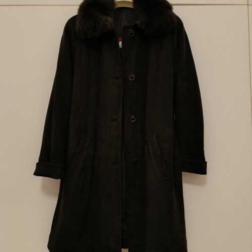 Leather suede coat used, Italian, large, charcoal color with removable fur collar