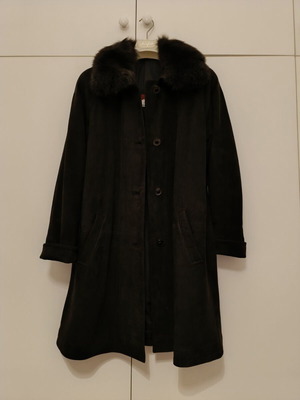 Leather suede coat used, Italian, large, charcoal color with removable fur collar