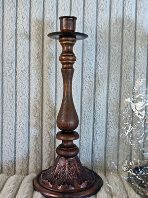 Armenian vintage candlestick, brass and wood