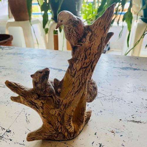 Handmade ceramic decorative owls and tree branch with squirrel and bird new