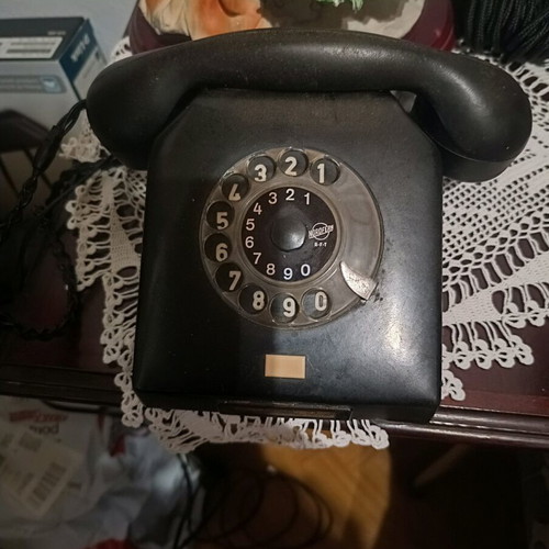 Vintage telephone device refurbished, black, wired, made in Germany