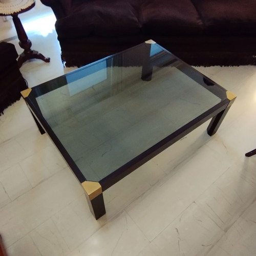 Varagkis walnut coffee table like new with brass details and smoked glass