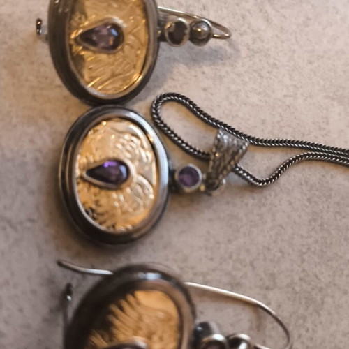 Handmade Byzantine Style Jewelry Set Silver with Amethyst Stone Like New