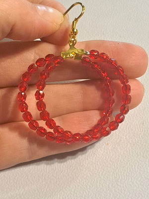 Earrings with red beads on silver hoop like new