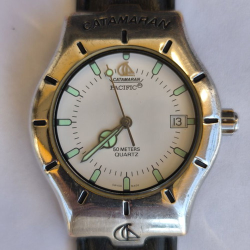 Catamaran Pacific wristwatch used, unisex, black leather strap worn