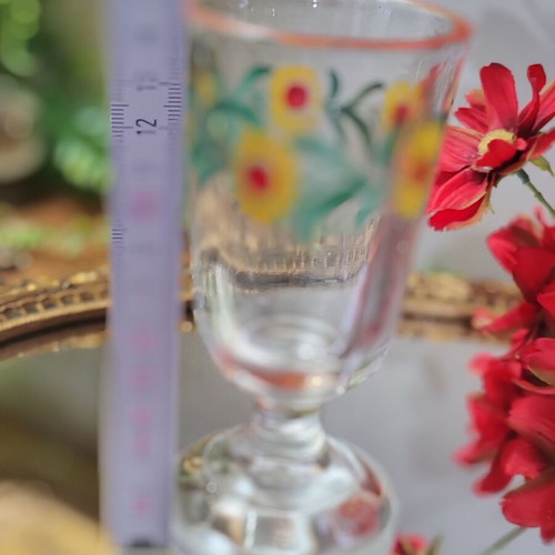 Retro pressed glass collector's cup, hand-painted sunflower design
