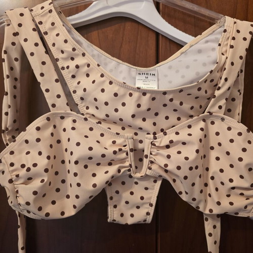 Shein polka dot bikini top, size M, beige and brown