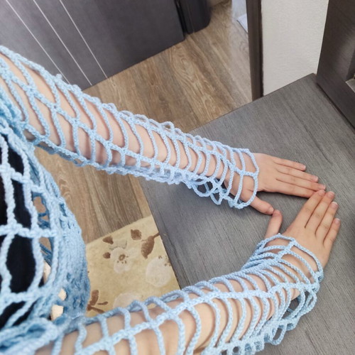 Handmade knitted blouse with spider web pattern, new, blue
