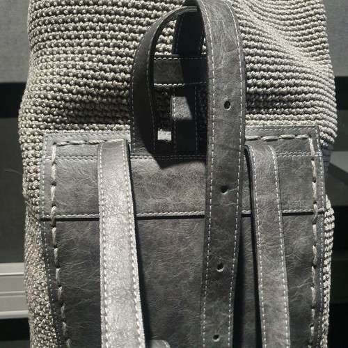 Handmade backpack bag new, knitted with gray leather details