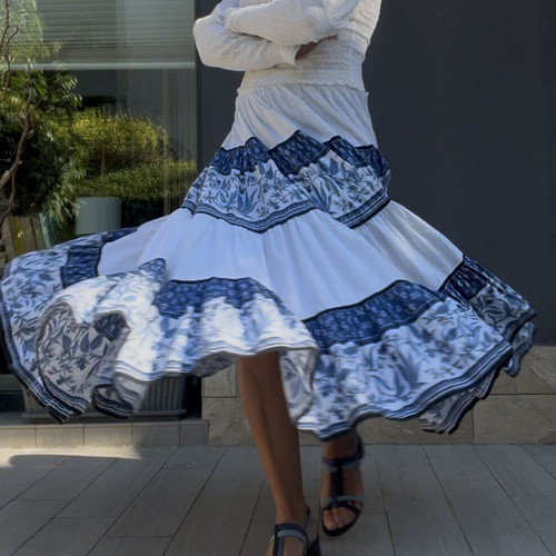 Vintage Parisian Tiered Maxi Skirt blue and white floral like new