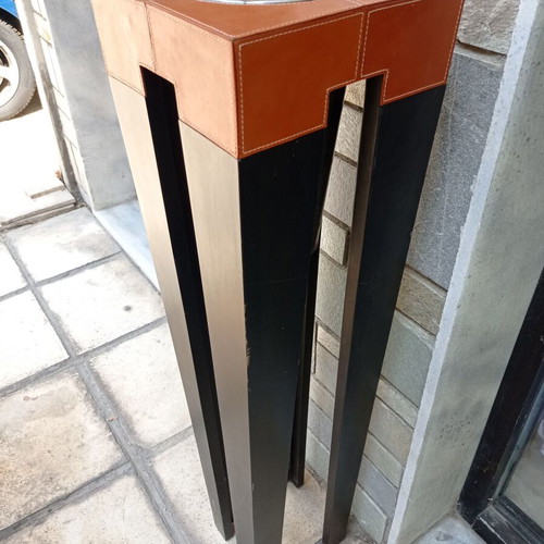 Decorative floor planter used, wood, leather, metal