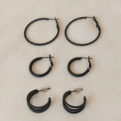 Set of 3 Black Stainless Steel Hoop Earrings new
