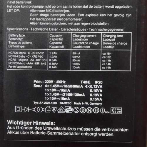 Bartec battery charger used with 5 slots Multi 4+1