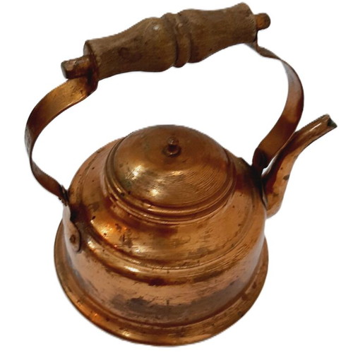 Vintage copper teapot used, 1980s, wooden handle