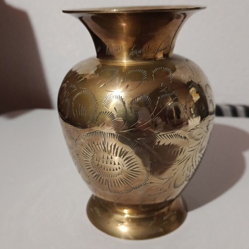 Handmade brass vase like new with carved designs