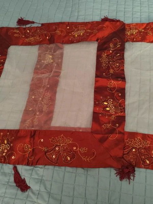 Set of organza table runners burgundy with festive motif, like new