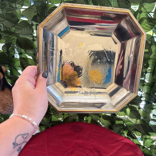 Vintage octagonal silver platter with gold floral details like new