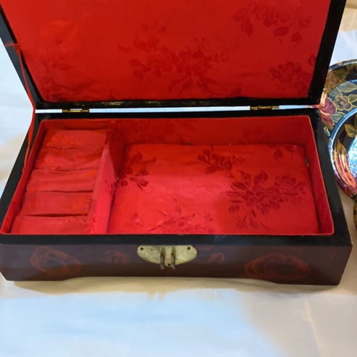 Vintage Asian Art Set with 47cm Fan, Jewelry Box & 5 Bamboo Coasters