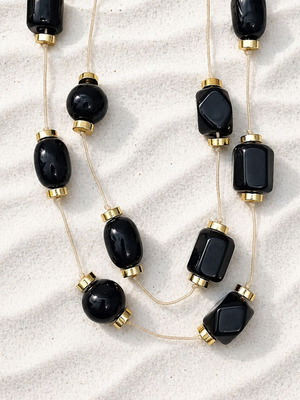 Handmade double-strand necklace with cord and onyx, obsidian, hematite stones, new