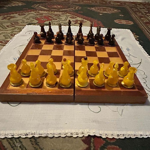 Amber Chess Set used, Soviet Union, pressed elektron material