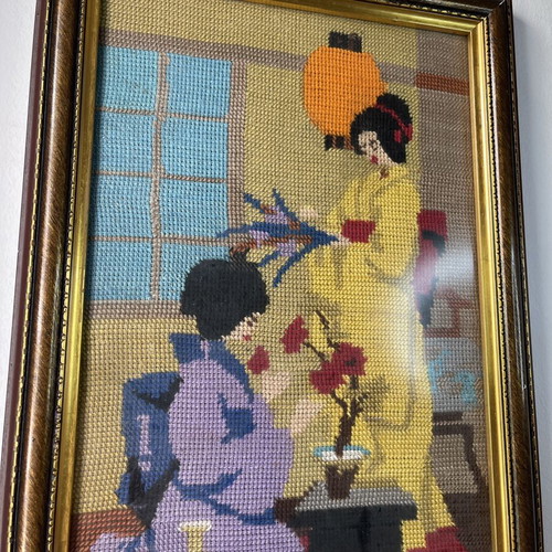 Vintage embroidery canvas with geishas framed