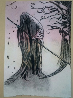 Grim Reaper painting handmade in watercolor with charcoal 20x29 made to order