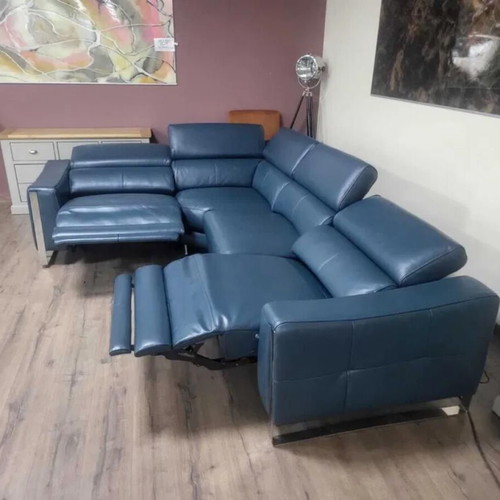 Turquoise Blue Leather Corner Sofa Torres with Electric Relax Mechanism New