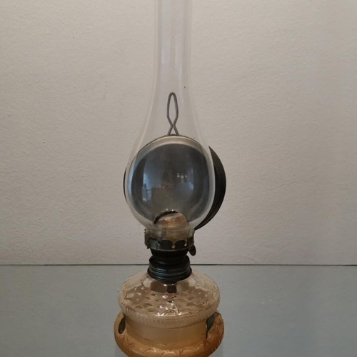 Vintage oil lamp used with embossed design, glass