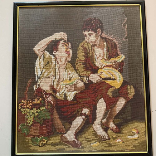 Handmade embroidery framed artwork used, vintage 1960-1970
