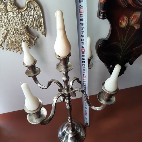 Vintage metal candlestick used, silver color, 40cm height