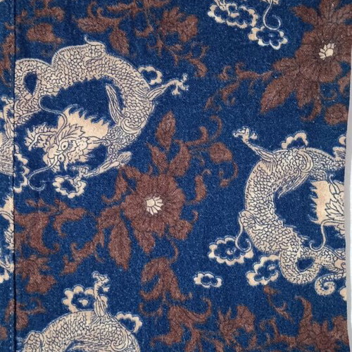Vintage flare pants with oriental dragon pattern, blue and brown