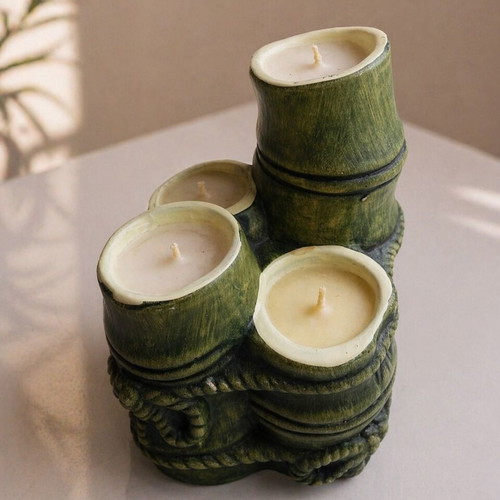 Ceramic candle holders like new, set of 2 with green bamboo design