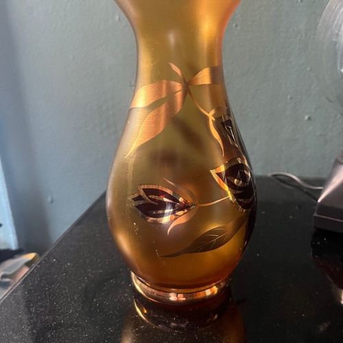 Antique vase made of amber glass with handmade black and gold flowers, like new