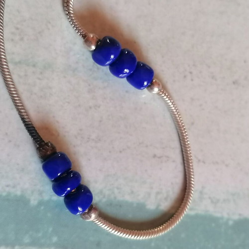 925 Silver Anklet with Snake Chain and Blue Beads New