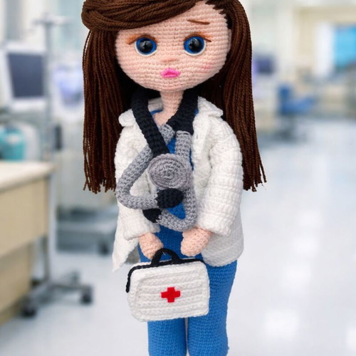 Knitted doctor doll new with medical accessories