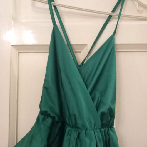 Emerald green satin long dress with straps L&S like new