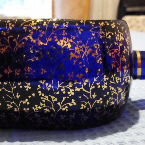 Small blown glass canteen used, dark blue with gold details