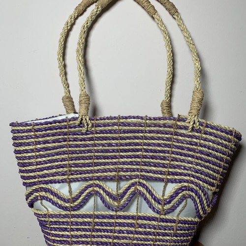 Summer bag handmade from rope and rattan, unused, natural and purple