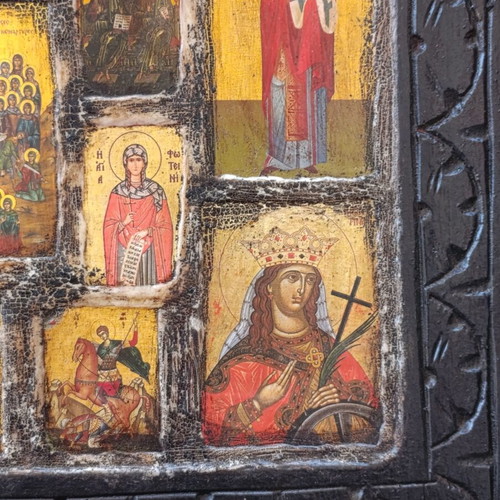 Vintage religious icon composition on carved wood, 33x26 cm