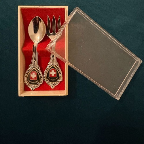 Swiss souvenir vintage miniature spoon and fork set in case like new