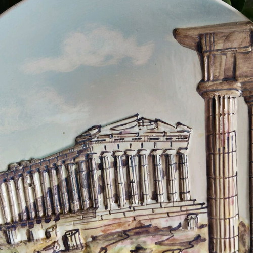 Decorative plate vintage handmade 60s with embossed Parthenon like new