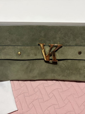 Vassia Kostara suede clutch bag like new, khaki with gold details